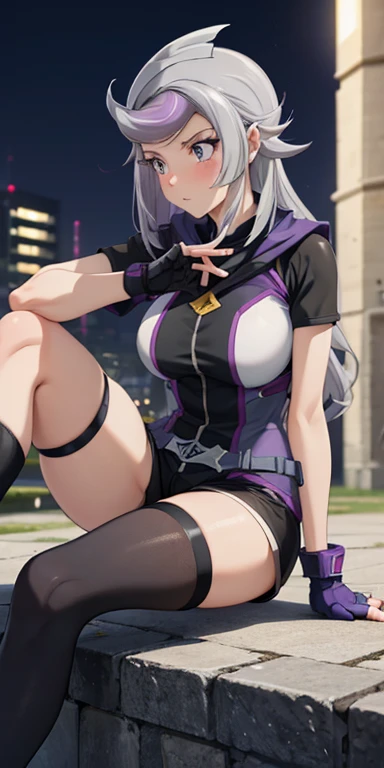 1 Female,High definition,high resolution,Ultra-realistic,8K, 1girl, (ghost_girl:1.2), (grey hair:1.2),(purple hair:1.2), grey eyes, low-tied long hair, (purple, white bodysuit:1.2), (short sleeves:1.2), (black shorts, short shorts:1.2), , (purple gloves, fingerless gloves:1.2),big tits,European,sexy,Upper body close-up,Photographed from the front,Dynamic Angles,private teacher,blush, medium tits ,outdoors, moonlight, dark sky, buildings,full body,4k, ultra high definition, perfect face, detailed face , (profile view), sitting ,(pov, closed shot:1.2),(knees bent:1.2)