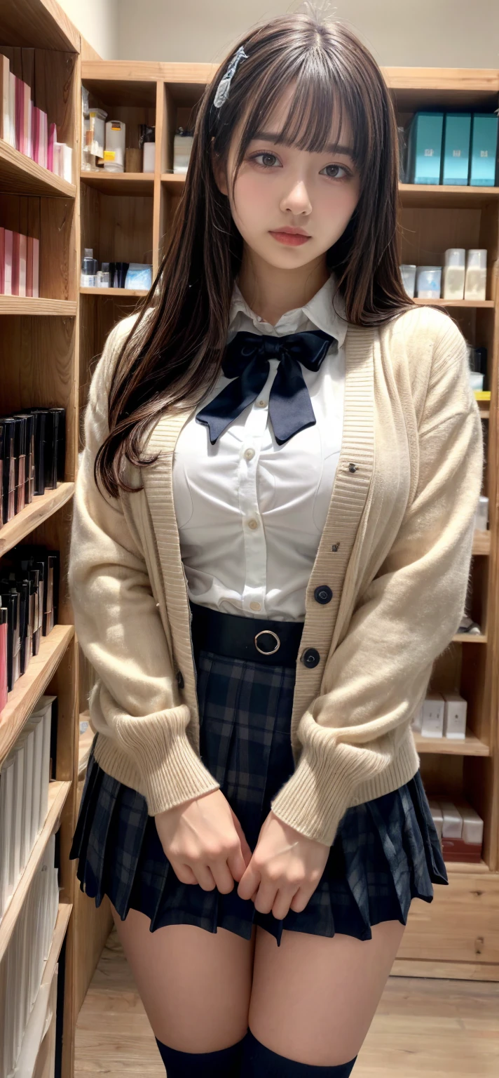 masterpiece, best quality, illustration, Super detailed, fine details, High resolution, 8K,wall paper, perfect dynamic composition,(Details High quality, realistic depiction of eyes:1.3), High School Classroom、High school girl uniform、Cardigan、Super Short Check Uniform Skirt、Navy blue high socks、garterbelts、Colossal tits、Disturbed uniform、low ponytail, black hair color, sexy pose, Big Natural Color Lip, bold sexy pose, (perfect body shape), crying a little、Harajuku style、20 year old girl、cute type, beautiful legs, hposing Gravure Idol, Voluptuous thighs