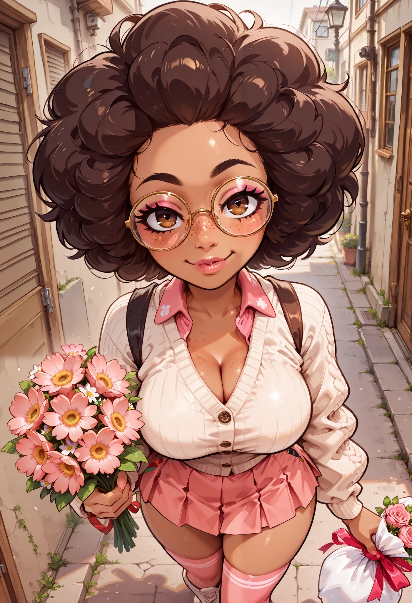 (masterpiece), 1girl, solo, best quality, expressive eyes, perfect face, newest, perfect anatomy, flawless face, dark brown skinned African female, hud_afr0hair, afro, curly black hair, glasses, white cardigan jacket with pink polo shirt underneath, short pink miniskirt, pink knee high socks, white panties, color saturation, makeup, lipstick, glossy lips, freckles, white boots, big breasts, big butt, hair blowing in wind, cleavage, looking at viewer, walking in the street, showing a white panty shot from the front, smiling, pov from above, absurdres, very aesthetic, backlighting, backlit, holding a bouquet of flowers, smiling