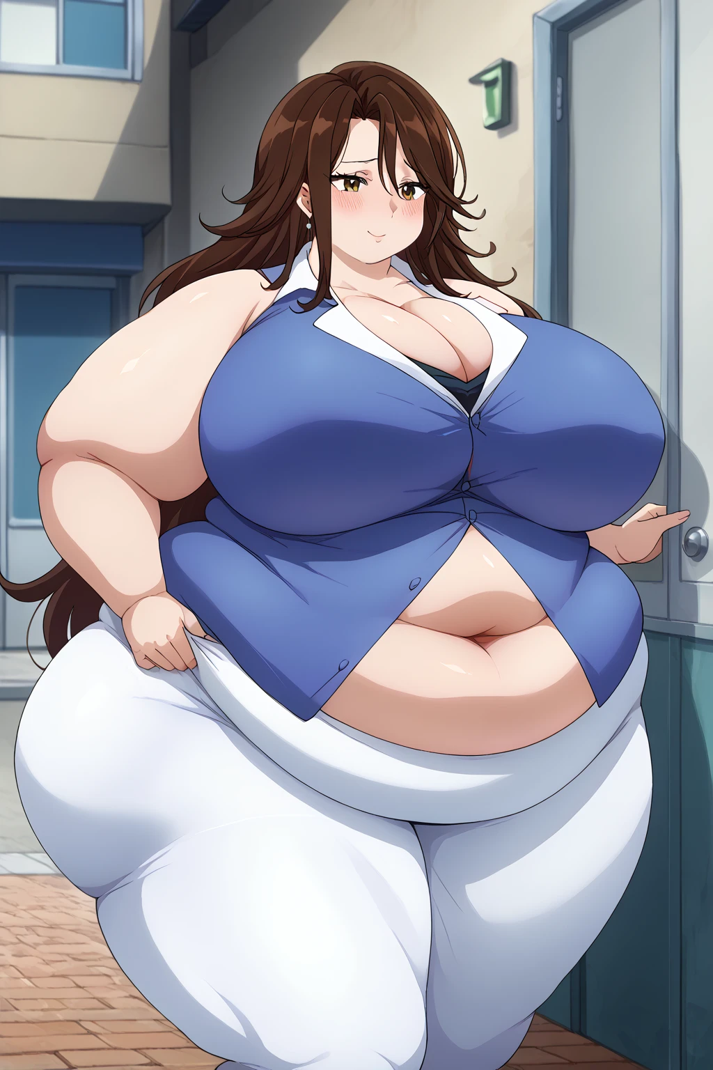  Sumeragi Lee Noriega ,  Sumeragi Lee Noriega ,blue shirt, sleeveless ,A shirt with a wide open neckline,White trousers,Exposed navel,Obese middle-aged woman, troubled expression, embarrassing expression ,milf, chubby,Outdoor, score_9,  score_8_ up、 score_7_ up、 score_6_ up、 score_5_ up、 score_4_ up、 masterpieces at the front door of the house、 top quality , A beautiful woman with an obese figure,  absurd、 Source_ anime anime screencap,  one woman、Alone、 personal  、 brown eyes、 brown hair 、 long hair、Super huge breasts,  super huge clevis、Super huge, Super huge boob,Curvy、 wide hips、