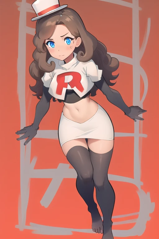 deliaketchum, brown hair, (brown eyes:1.7), parted bangs, (ahoge:1.5), ponytail, low ponytail,glossy lips, light makeup, eye shadow, earrings ,team rocket,team rocket uniform, red letter R, white skirt,white crop top,black thigh-high boots, black elbow gloves, evil smile look,