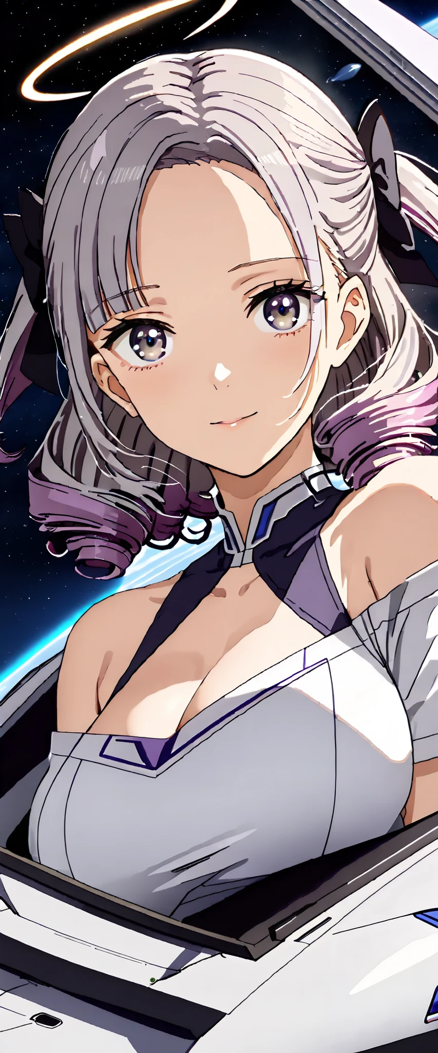 ((Gray Hair:1.4,   gradient hair  )), purple hair tips, (( Separate the bangs outside the spaceship :1.4, Forehead:1.4)),   short hair with shadows , ((  two side up:1.4)), ((Big Breasted :1.3)), ((drill hair:1.4)), (White Eyes, White Eyes),   Off Shoulder  ,  close-up , halo, Angel wings