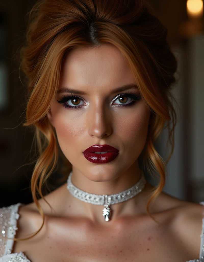 cute portrait of woman on her wedding day, latex wedding dress, red lip gloss, thick eyeliner flicks, kinky latex wedding dress, latex, shiny, eye contact, full lips, lip fillers, dark red lip gloss, shiny lips, glitter lips, latex choker