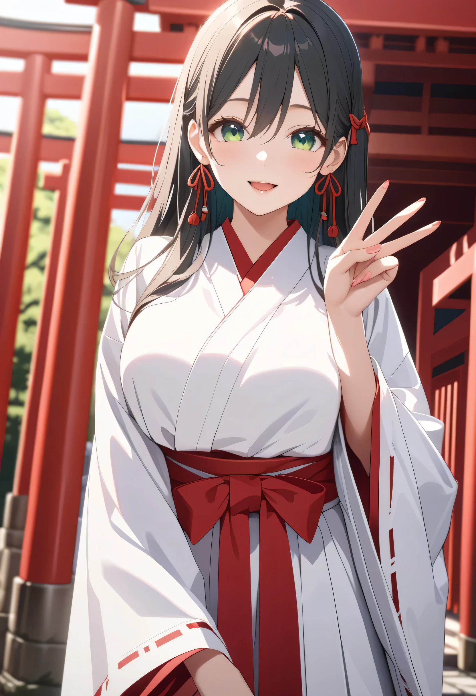 ((ultra-detailed)),   (highly detailed CG illustration),  (best quality:1.2),  ultra-highly detailed,  colorful composition, artistic photoshoot, score_9, score_8_up, 1girl, solo focus,  amagamiyae, black hair, green eyes, red ribbon, hair ribbon, japanese clothes, miko, hakama skirt, red hakama, white kimono, huge breasts, wide sleeves, looking at viewer, slight smile, v over mouth, standing by the Shrine precincts, Torii gate, portrait, depth of field, soft lighting, sidelighting, (shine), lighting, caustics, ray tracing, smile, perfect face, lustrous skin, highly  detailed face, highly detailed eyes, perfect face, perfect nose, perfect hair, perfect eyes, perfect anatomy, beautiful hair, beautiful small face, extremely detailed face, beautiful detailed eyes, beautiful clavicle, beautiful body, beautiful huge breasts, leavage, breasts squeezed together, equalize the size of the left and right breasts, beautiful thin thighs,  beautiful legs, beautiful fingers, 4 fingers, 1 thumb, lovely, (very detailed background:1.0), (highly detailed background:1.0), winter aesthetic, intricate details, joyful atmosphere, winter colors palette, chromatic aberration