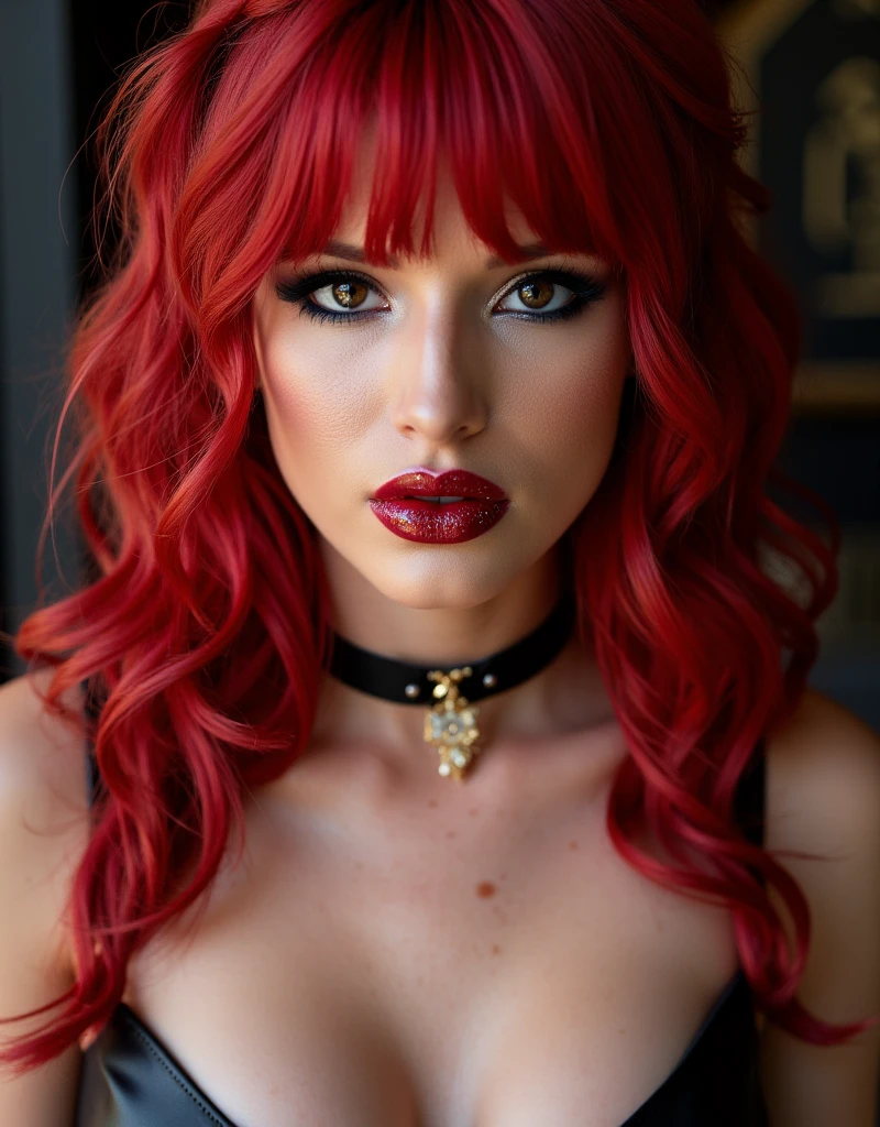 bright blood red hair, cute portrait of woman on her wedding day, latex wedding dress, red lip gloss, thick eyeliner flicks, kinky latex wedding dress, latex, shiny, eye contact, full lips, lip fillers, dark red lip gloss, shiny lips, glitter lips, latex choker