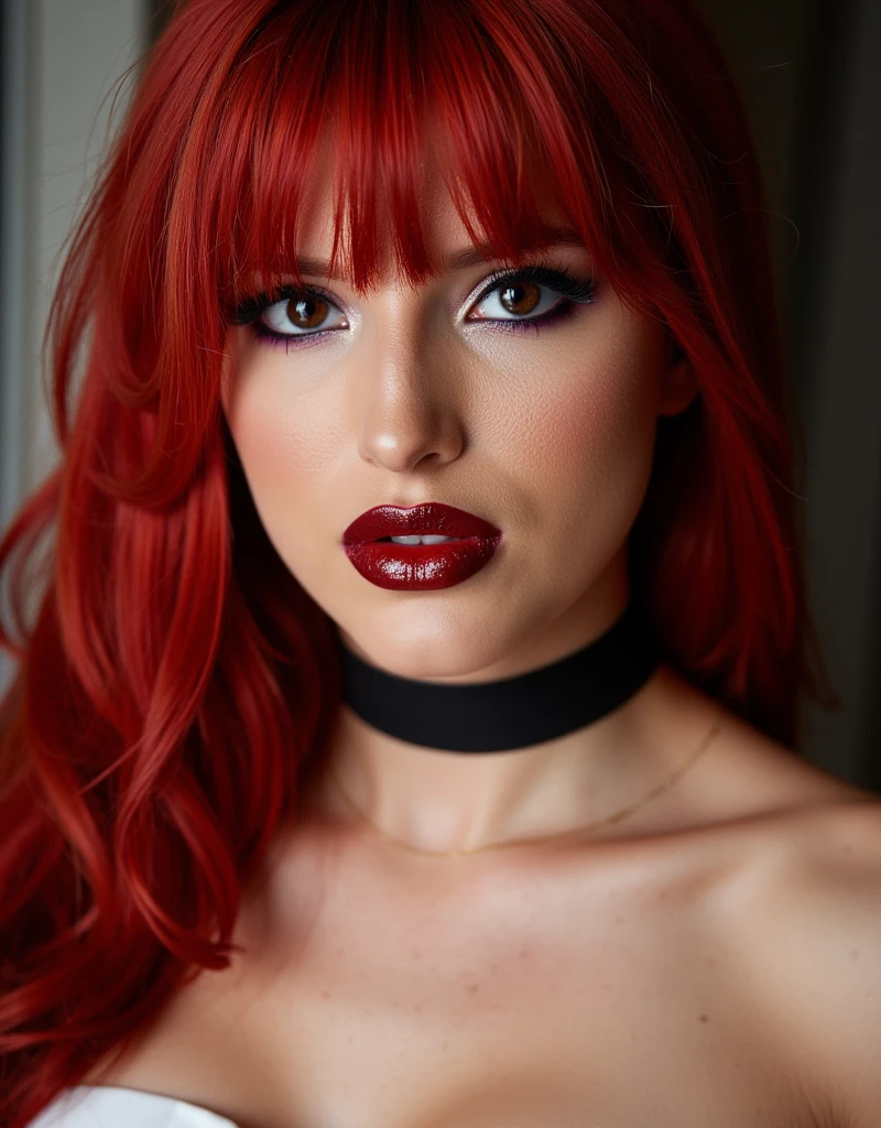 bright blood red hair, cute portrait of woman on her wedding day, latex wedding dress, red lip gloss, thick eyeliner flicks, kinky latex wedding dress, latex, shiny, eye contact, full lips, lip fillers, dark red lip gloss, shiny lips, glitter lips, latex choker