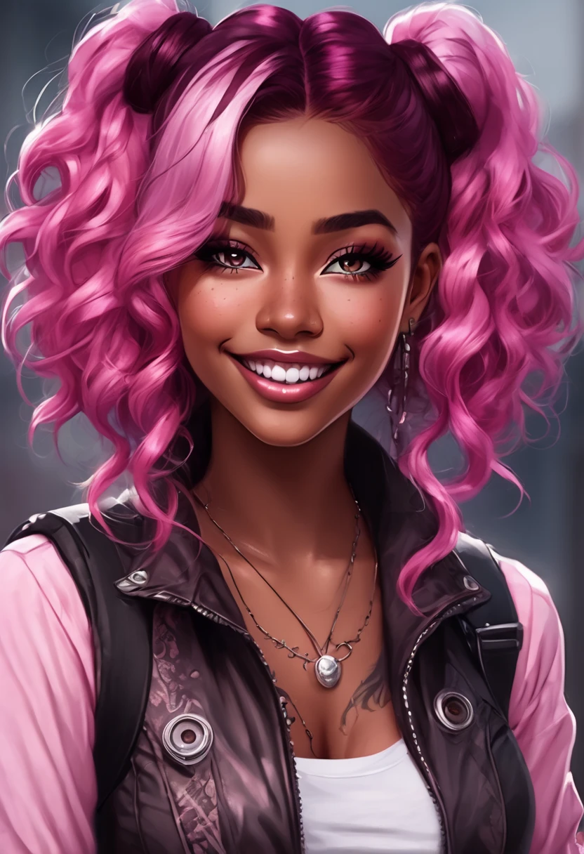 woman, dark skin, tanned skin, wavy pink hair with burgundy roots, spiky buns, cute cheeks, full lips, IceSpice body, gray eyes, large iris, cute smile, big almond eyes, rockstar girlfriend clothes, steampunk