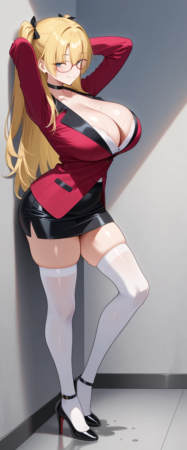 
One attractive woman、head out of frame,altKosaka, blonde hair, two side up, long hair, glasses, choker, red blazer, cleavage, black skirt, white thighhighs, high heels, large breasts,
｛｛ smug face after climax}}、 ｛｛｛Very tall｝｝｝、｛｛｛Super big tit ring 「｝｝｝、｛｛｛  very long legs  ｝｝｝、｛｛｛Extremely high heels｝｝｝、Raise one knee、 ｛｛｛style excellent｝｝｝、 place your hands behind your head、 is standing、Side view,  arched back、 looks down at the viewer with a sideways eye、
｛｛｛ Dark hospital room｝｝ ｝、  light-reflecting skin  、  Oil Skin、  wet skin、 low angle 、  Ultra-Fine 、  High Quality  、１６hair,  high res、 high res、there