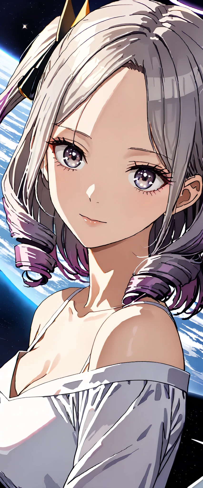 ((Gray Hair:1.4,   gradient hair  )), purple hair tips, (( Separate the bangs outside the spaceship :1.4, Forehead:1.4)),   short hair with shadows , ((  two side up:1.4)), ((Big Breasted :1.3)), ((drill hair:1.4)), (White Eyes, White Eyes),   Off Shoulder  ,  close-up , halo, Angel wings