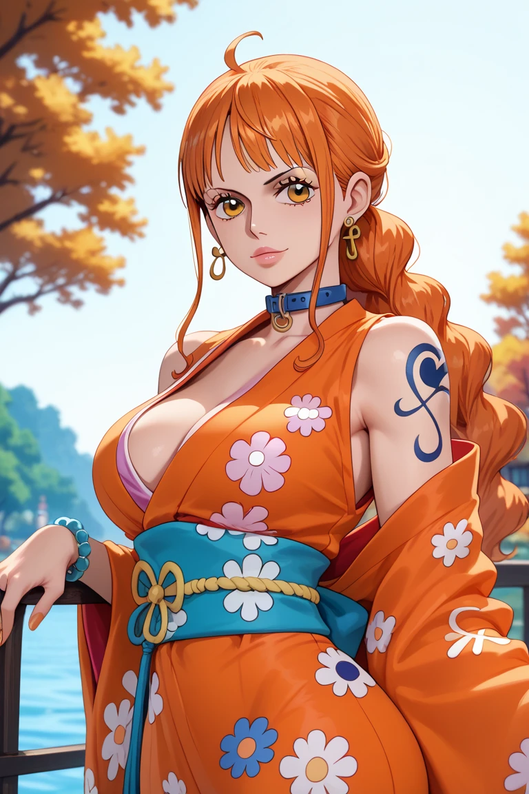 （（（with brown eye，Golden bangles，Pearl earrings，left shoulder tattoo，orange color hair，（（（Common，bathrobe,Japanese clothes,inner strength, Sash, blossom flower, inner strengthjime,））），S-shaped body:1.7））），((tmasterpiece)),A high resolution, ((Best quality at best))，tmasterpiece，quality，Best quality，（（（ exquisite facial features，looking at viewert,There is light in the eyes，Smilingly，Self-confident ））），（（（Light and shadow interlace，Huge big breasts））），（（（1 Sister， dynamicposes, 1 girl, (complete figure:0.9), own,Human body silhouette， ((good body)),the girl poses for a photo，24 years old female model，perfect foot、Have perfect arms behind your back)）））