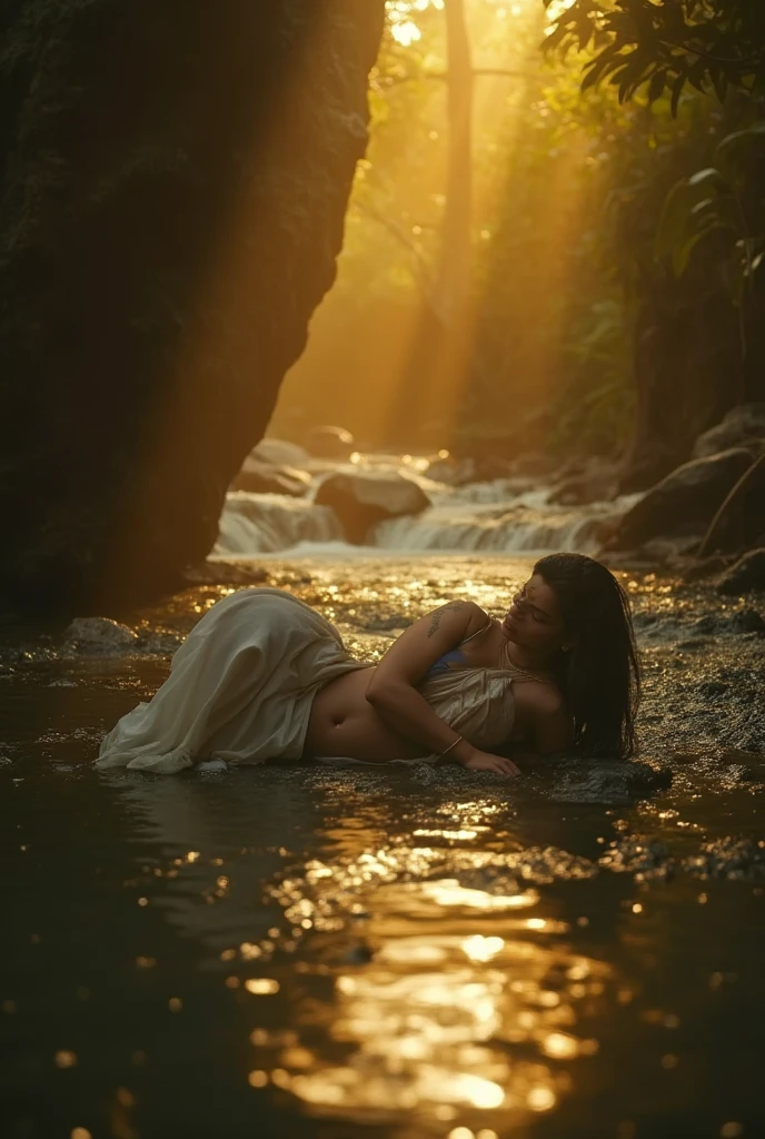 Cinematic drama scene, A beautiful indian woman, big breasts 2:3, long black hair, wearing a white Sari, is making love lying down, with an Indonesian man (rather fat) short hair, in a cave with a flowing river, in the afternoon, with warm yellowish light, creating a thick mystical atmosphere, adding to the eeriness of the atmosphere."