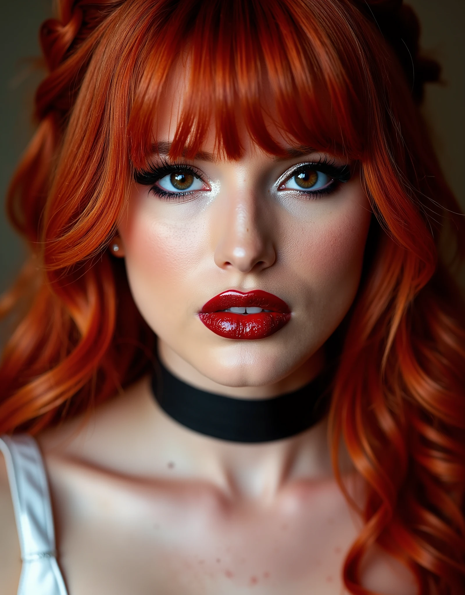 bright blood red hair, cute portrait of woman on her wedding day, latex wedding dress, red lip gloss, thick eyeliner flicks, kinky latex wedding dress, latex, shiny, eye contact, full lips, lip fillers, dark red lip gloss, shiny lips, glitter lips, latex choker