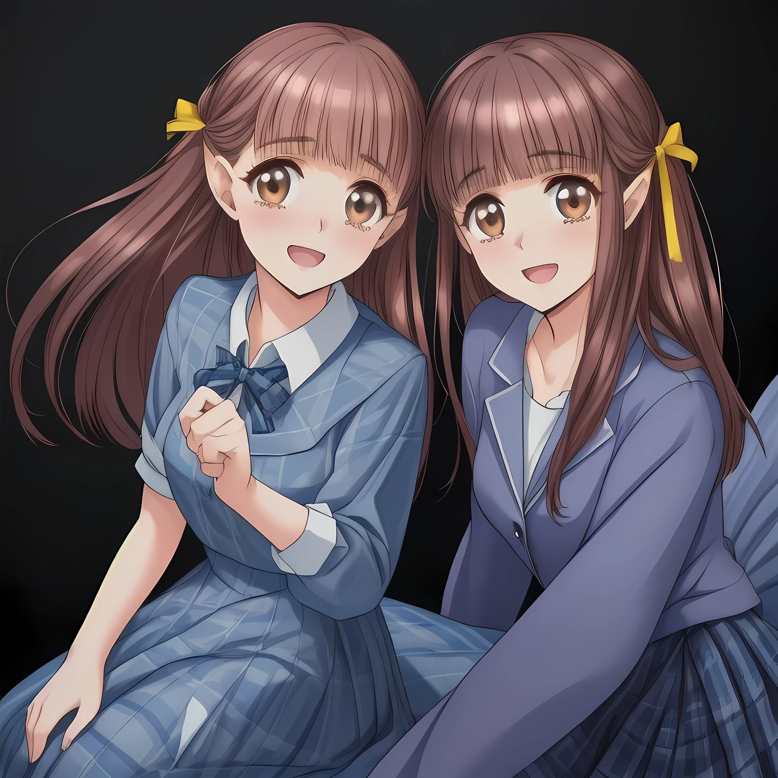 (highest quality, masterpiece: 1.6), (Mind-melting picture: 2.0), (Too beautiful intelligent girls is melting me with both beautiful hands like hypnosis, looking at me and laughing at me with their pretty open mouth and mind-melting smile, lean her back deeply, can't stop giggling of pleasure melting mind, Too Beautiful noble beautiful anime noble heroines, beautiful giggling noble elegant 15yot anime heroines wares realistic dark-blue school blazer and dark blue tartan-check pleats school skirt with metallic luster, inviting me into deep harem of siren and succubi, Noble Elegant uniform, grasping candles: 1.5), (white white white frilled blouse, with pretty shiny large blue-ribbons made of polyester on the breast and sleeves: 1.2), (Anime-heroine's girly noble laughing giggling brown eyes, the eyes shines and has strong effect of allusion to the viewer: 1.6), (Realistic Charming neat dark-blue very-neat well-pleated long dark-blue checkered glossy expensive plaid school skirt made of metallic-luster-blue-wool: 1.6), (sky-blue background with white heart figured clouds: 1.7), (Eyes, face and hair are especially beautifully detailed and beautifully drawn: 1.5), (Girl whom everyone loves because of her beauty and lovely fashion and noble manner and magic-charm like succubus: 1.0), (Very beautiful, wavy, cutely super-super-long straight gorgeous rich dark black hair like hair model, with elegant big yellow hair ribbons: 1.3), (beautiful black hair: 1.5), (Perfect mature body style like a fashion model), (The viewer's whole mind become white and melt down completely broken and become crazy feeling dripping down on her: 1.5), ((whole body shot, with legs and girly loaders:1.2 )), ((Light and clearly-detailed well-contrasted neat mind-melting atmosphere foreground, to invite the viewer to the darkness world of pleasure: 1.6)), (plain black background: 1.6)
