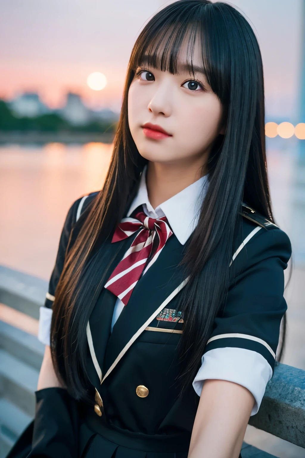 Arafed asian woman in uniform posing for a picture by the water - SeaArt AI