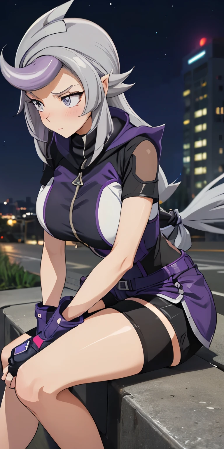 1 Female,High definition,high resolution,Ultra-realistic,8K, 1girl, (ghost_girl:1.2), (grey hair:1.2),(purple hair:1.2), grey eyes, low-tied long hair, (purple, white bodysuit:1.2), (short sleeves:1.2), (black shorts, short shorts:1.2), , (purple gloves, fingerless gloves:1.2),big tits,European,sexy,Upper body close-up,Photographed from the front,Dynamic Angles,private teacher,blush, medium tits ,outdoors, moonlight, dark sky, buildings,full body,4k, ultra high definition, perfect face, detailed face , (profile view), sitting ,(pov, closed shot:1.2),(knees bent:1.2)