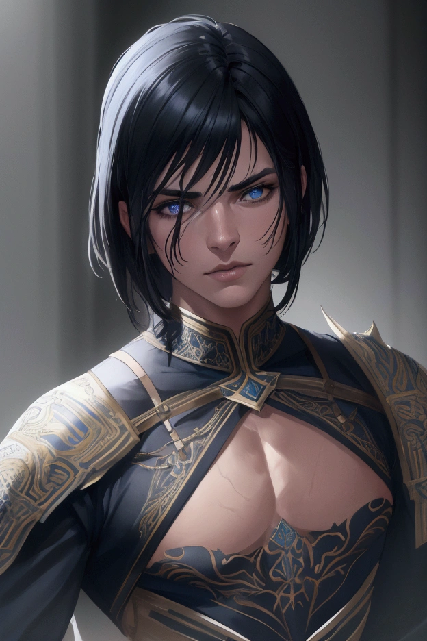 Realistic anime, male pessonage, black hair, blue eyes, seductive eyes, beautiful face, short hair reaching up to the eyebrows. Maximum quality. --auto --s2