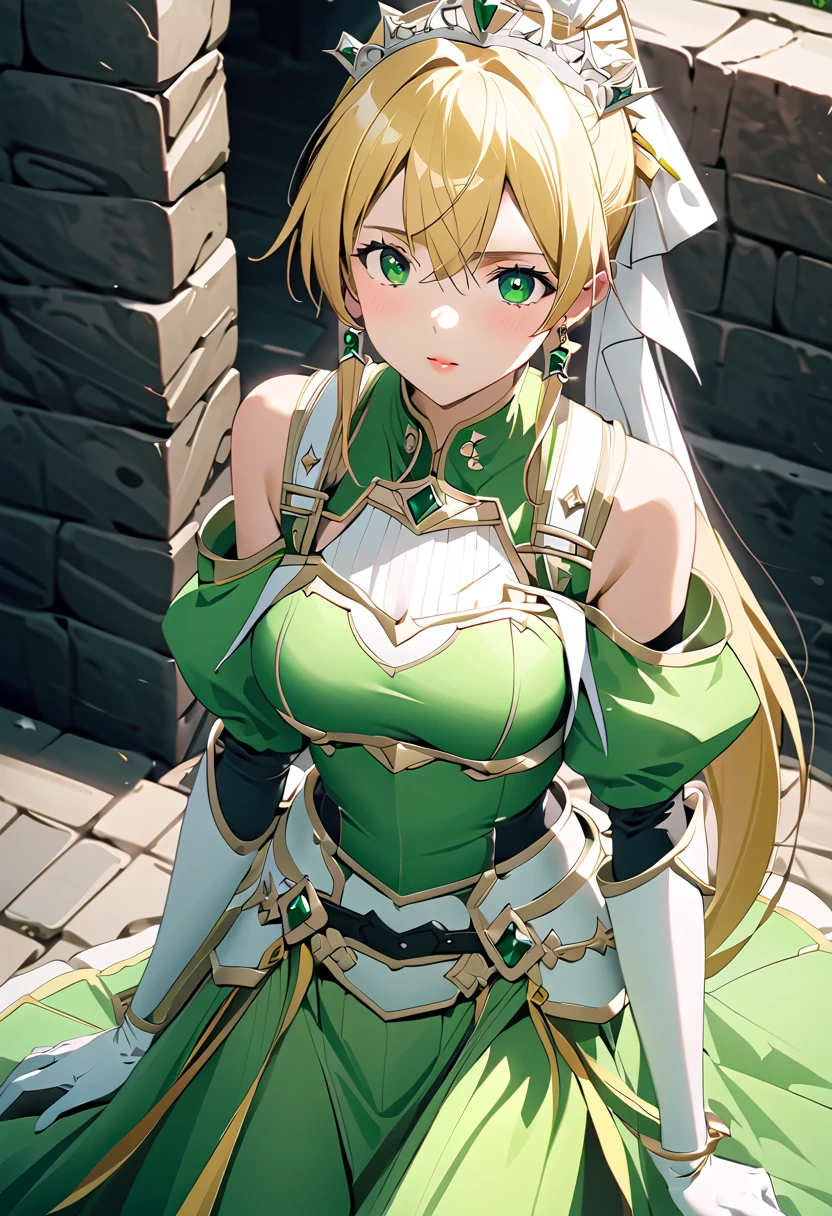 ((masterpiece)),  top quality ,  very detailed,( one girl), Kirigaya Naoha,  long hair,  blondes,   hair accessories ,  green eyes,  ponytail,  hair tube,  dress, green  dress,  gloves, [Bare shoulders,   jewelry,  clevis on a stone,  princess, elbow  gloves, tiara ,brooch,white  gloves、 adult female 、thin、 very beautiful、 beautiful faces、(((Green and white armor、breastplate、 shiny armor:1.2)))、 gold earrings、 gray hair,  green eyes,  pink lips,  shot by a cowboy 