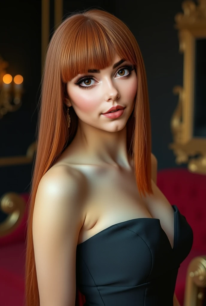 Beautiful young woman, (bit Dark cherry Strawberry Red hair, bit dark red hair, fringed bangs,long hair, Straight hair.),White blue eyes, big Breasts, sexy black dress, strong Cheek bones, Background is Luxury gothic room, young face, 20 years old, 