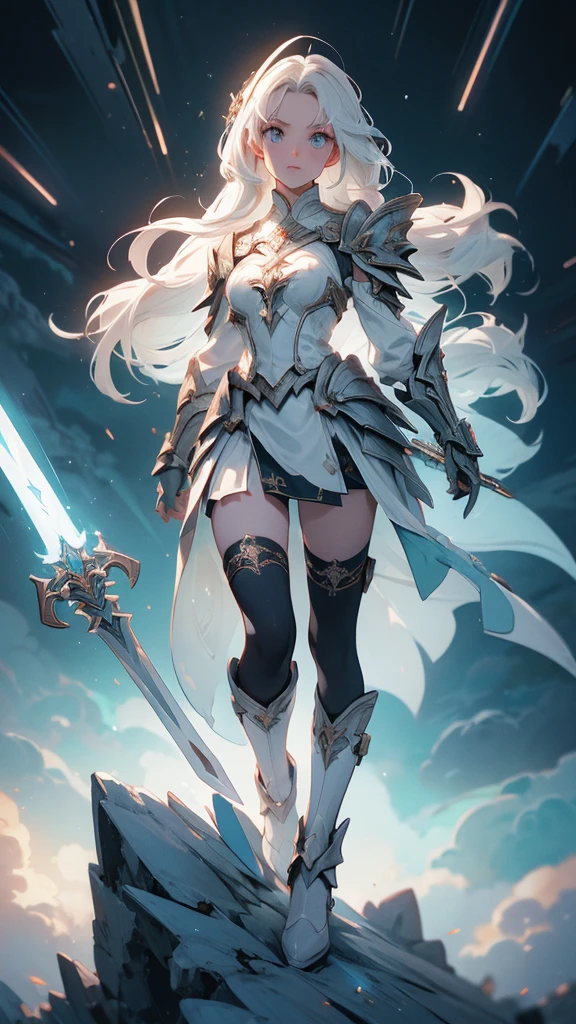 White girl with long hair, flat chest, cleavage, one-piece swimsuit, armor, iron boots, light wings, spear, white clouds in the sky