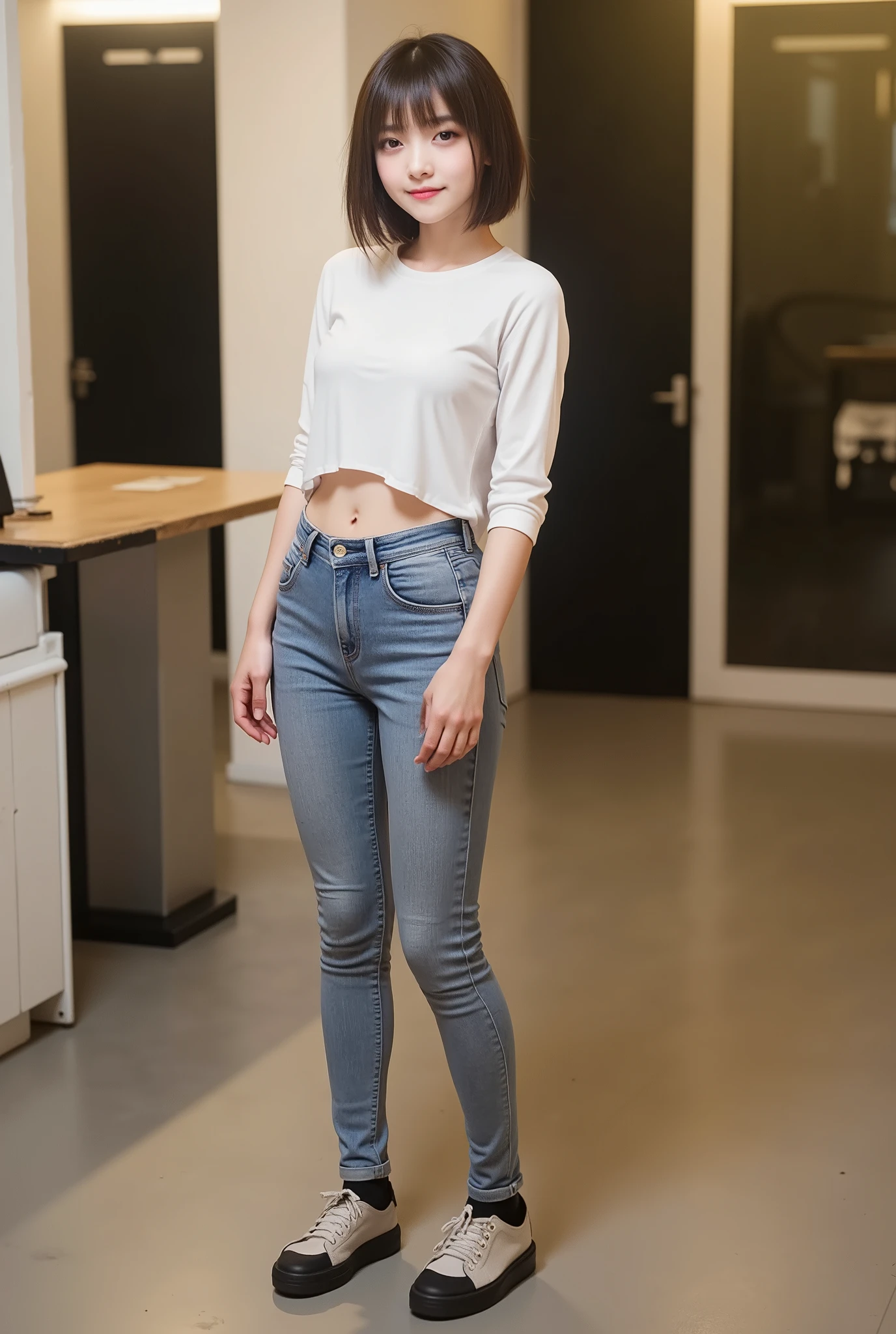 upper real , photorealistic , she looks very happy , shadow, Global Pi Illuminations , alone, (Teenage Japanese Girl:1.5), very beautiful and delicate Japanese girl , black hair、 hairstyle shortcut、very beautiful、 smile、、 long sleeve blouse 、 pants style 、 skinny denim 、 black tights 、 white sneakers、 facing forward, full body photo ,
