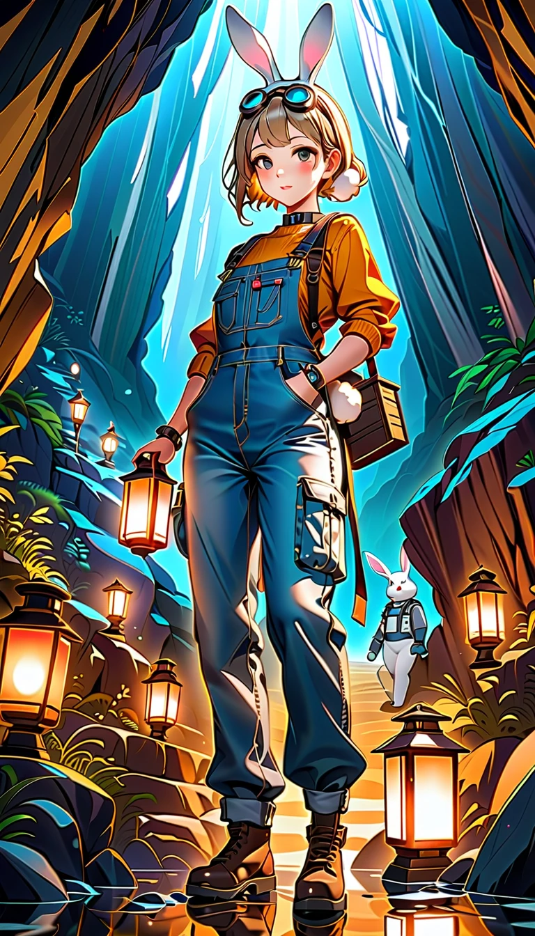 ((best quality)), ((masterpiece)), (detailed), perfect face, (best quality), (detailed skin:1.3), (intricate details), light brown hair, hair over shoulder, parted bangs, goggles on head, Art Deco, Gothic art, ray tracing, reflection light, Female Explorer, Cave exploration, holding lantern, overalls, Illuminate her steps with the light of a lantern, rabbit ears, rabbit tail