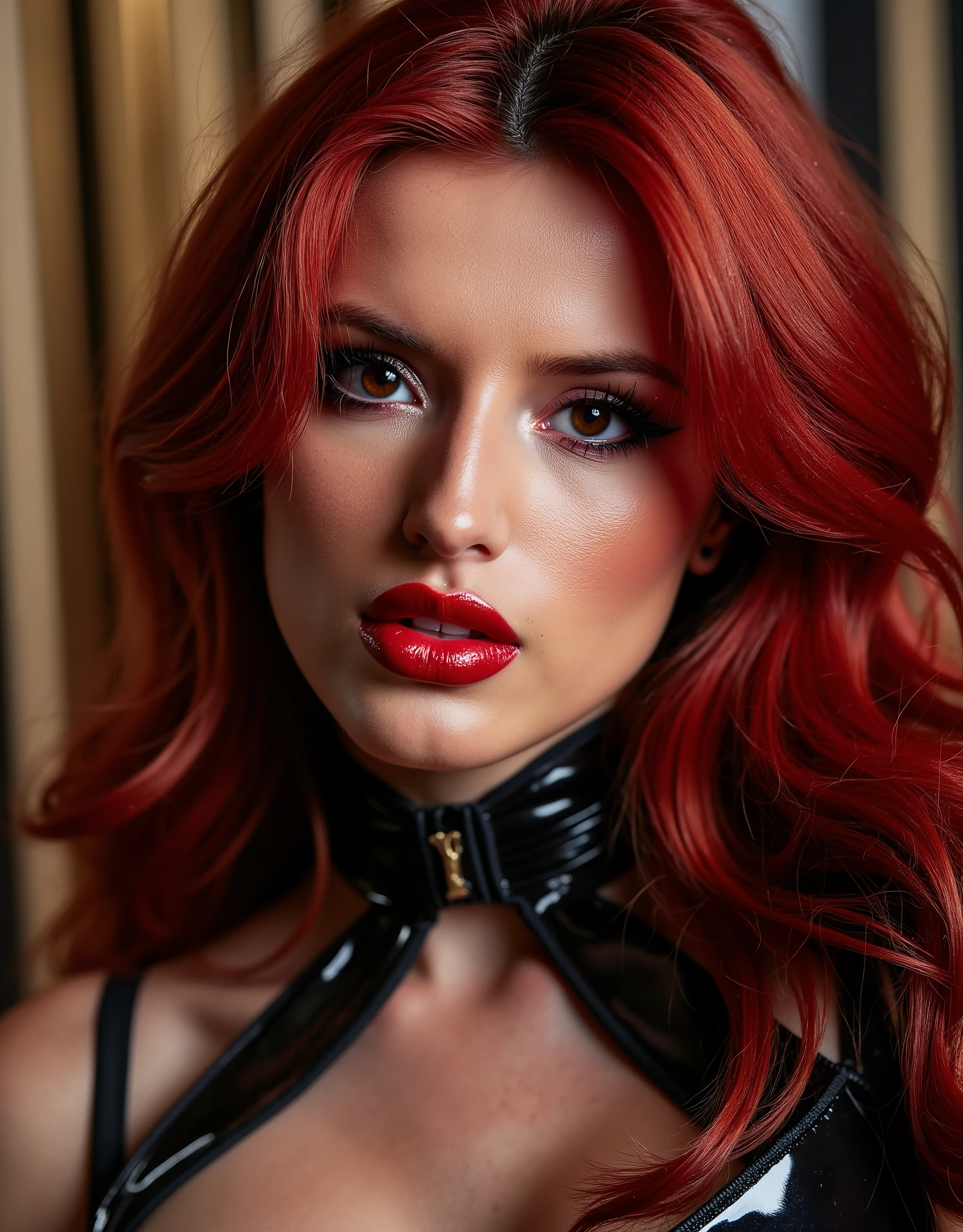 cute portrait of woman in a porn photoshoot, latex neck-entry catsuit, latex gimp, red lip gloss, thick eyeliner flicks, kinky latex, latex, shiny, eye contact, full lips, lip fillers, dark red lip gloss, shiny lips, glitter lips, latex choker