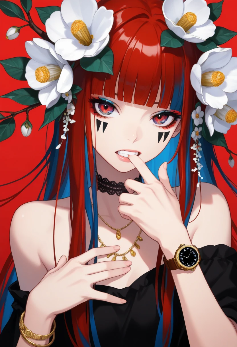  1 girl, multicolo red eyes, Alone, flower,   jewelry,  red background ,  long hair,  necklace,  Bracelet ,  hair flower, Red Hair,  Watch Viewers ,  hair accessories,   simple background,  upper body, teeth, multicoloRed Hair, blunt bangs,  fingers in the mouth,  raise your hand, clavicle, compensate,  choker , finger tip ,  open lips,  eyeshadow,  red eyes,  Blue Hair, White Flower,  gradation eyes , Camellia, Bare shoulders, branch,  fingers in the mouth, Facial markings, leaf                                                                                                                   
 ,masterpiece, top quality ,up to date,
