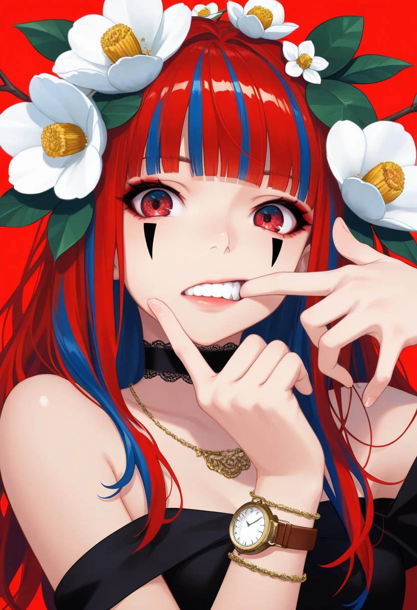  1 girl, multicolo red eyes, Alone, flower,   jewelry,  red background ,  long hair,  necklace,  Bracelet ,  hair flower, Red Hair,  Watch Viewers ,  hair accessories,   simple background,  upper body, teeth, multicoloRed Hair, blunt bangs,  fingers in the mouth,  raise your hand, clavicle, compensate,  choker , finger tip ,  open lips,  eyeshadow,  red eyes,  Blue Hair, White Flower,  gradation eyes , Camellia, Bare shoulders, branch,  fingers in the mouth, Facial markings, leaf                                                                                                                   
 ,masterpiece, top quality ,up to date,
