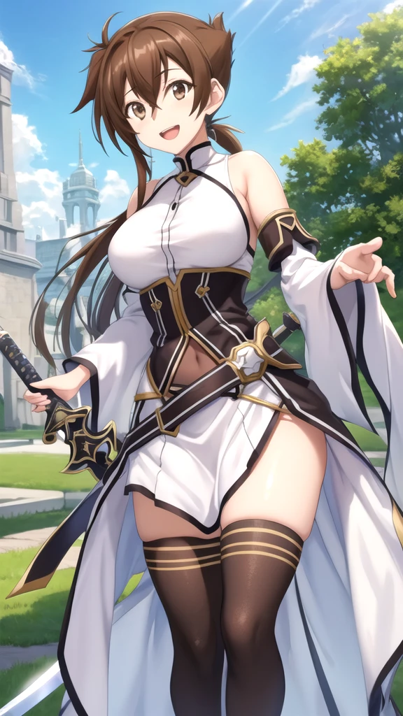 masterpiece, best quality, high quality, girl, solo, looking at viewer, issei_hyoudou, brown hair, brown eyes, hair between eyes, large breasts, Sword art online cosplay, white dress, detached sleeves, blue thighhighs, standing, outdoors, smile, open mouth