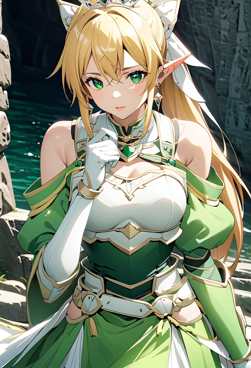 ((masterpiece)),  top quality ,  very detailed,( one girl), Kirigaya Naoha,  long hair,  blondes,   hair accessories, Elf Ears,  green eyes,  ponytail,  hair tube,  dress, green  dress,  gloves, [Bare shoulders,   jewelry,  clevis on a stone,  princess, elbow  gloves, tiara ,brooch,white  gloves、 adult female 、thin、 very beautiful、 beautiful faces、(((Green and white armor、breastplate、 shiny armor:1.2)))、 gold earrings、 gray hair,  green eyes,  pink lips,  shot by a cowboy 