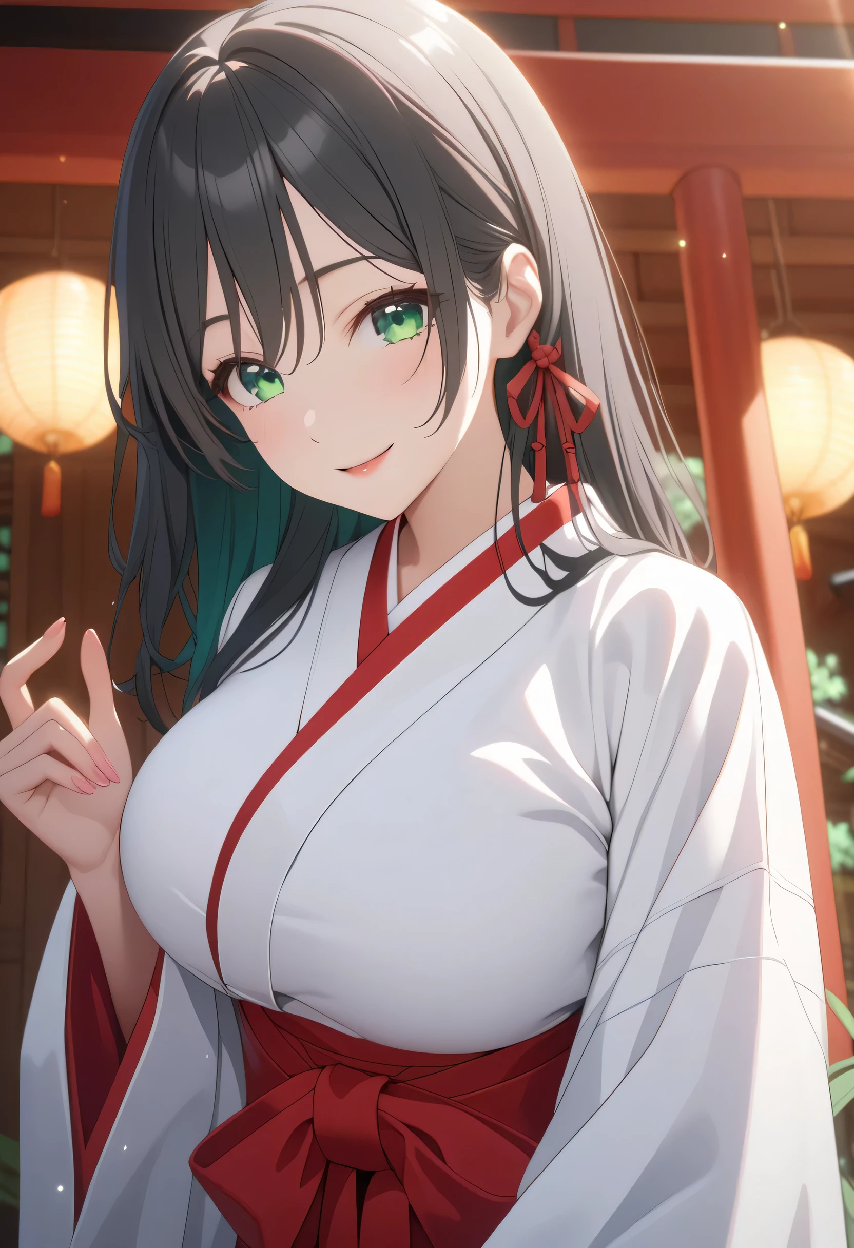 ((ultra-detailed)),   (highly detailed CG illustration),  (best quality:1.2),  ultra-highly detailed,  colorful composition, artistic photoshoot, score_9, score_8_up, 1girl, solo focus,  amagamiyae, black hair, green eyes, red ribbon, hair ribbon, japanese clothes, miko, hakama skirt, red hakama, white kimono, huge breasts, wide sleeves, looking at viewer, slight smile, standing by the Shrine precincts, Torii gate, portrait, depth of field, soft lighting, sidelighting, (shine), lighting, caustics, ray tracing, smile, perfect face, lustrous skin, highly  detailed face, highly detailed eyes, perfect face, perfect nose, perfect hair, perfect eyes, perfect anatomy, beautiful hair, beautiful small face, extremely detailed face, beautiful detailed eyes, beautiful clavicle, beautiful body, beautiful huge breasts, leavage, breasts squeezed together, equalize the size of the left and right breasts, beautiful thin thighs,  beautiful legs, beautiful fingers, 4 fingers, 1 thumb, lovely, (very detailed background:1.0), (highly detailed background:1.0), winter aesthetic, intricate details, joyful atmosphere, winter colors palette, chromatic aberration