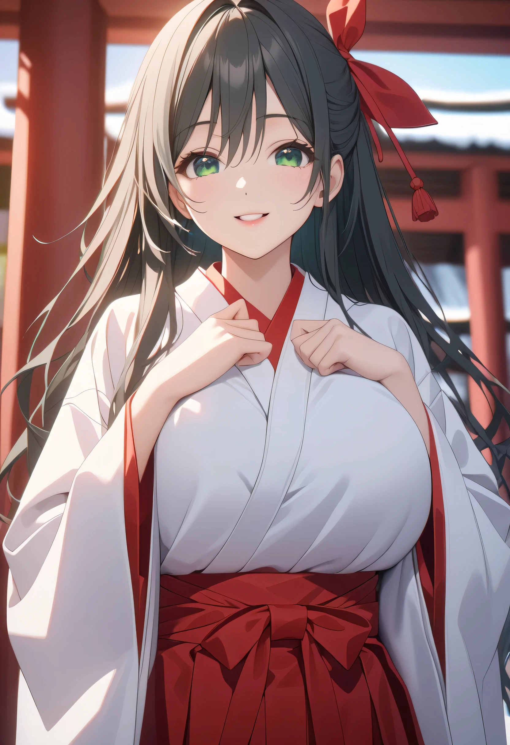 ((ultra-detailed)),   (highly detailed CG illustration),  (best quality:1.2),  ultra-highly detailed,  colorful composition, artistic photoshoot, score_9, score_8_up, 1girl, solo focus,  amagamiyae, black hair, green eyes, red ribbon, hair ribbon, japanese clothes, miko, hakama skirt, red hakama, white kimono, huge breasts, wide sleeves, looking at viewer, slight smile, standing by the Shrine precincts, Torii gate, portrait, depth of field, soft lighting, sidelighting, (shine), lighting, caustics, ray tracing, smile, perfect face, lustrous skin, highly  detailed face, highly detailed eyes, perfect face, perfect nose, perfect hair, perfect eyes, perfect anatomy, beautiful hair, beautiful small face, extremely detailed face, beautiful detailed eyes, beautiful clavicle, beautiful body, beautiful huge breasts, leavage, breasts squeezed together, equalize the size of the left and right breasts, beautiful thin thighs,  beautiful legs, beautiful fingers, 4 fingers, 1 thumb, lovely, (very detailed background:1.0), (highly detailed background:1.0), winter aesthetic, intricate details, joyful atmosphere, winter colors palette, chromatic aberration