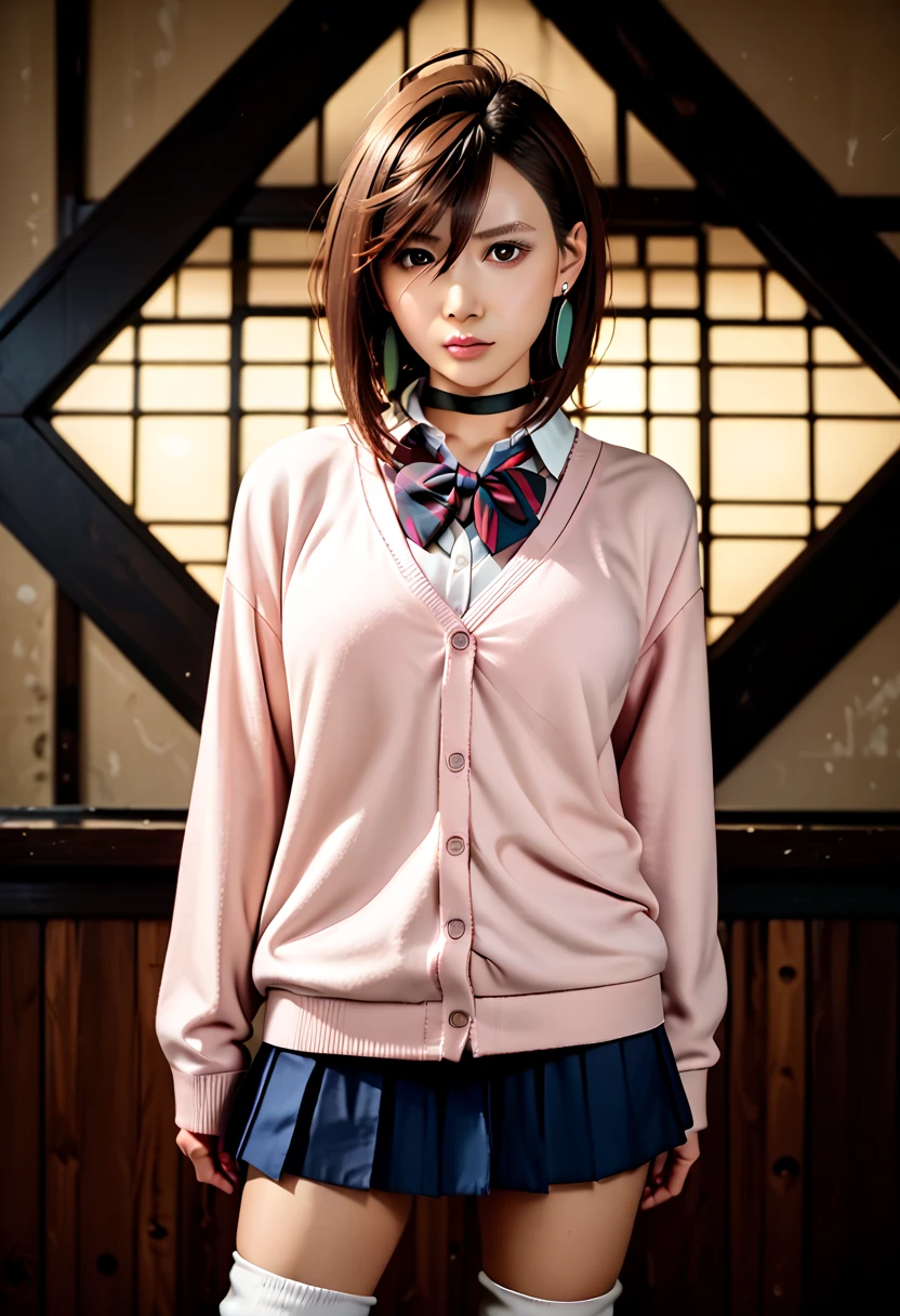 extremely high quality photo, Momo Ayase, sharp focus, realistic, source_photo, proper alignment, young Japanese model, glamorous, sexy, seductive, portrait, detailed face, medium hair, brown hair, brown eyes, large breasts, chocker, choker, red bowtie, (pink cardigan:1.2), long cardigan, long sleeves, blue skirt, pleated skirt, school uniform, short skirt, earrings, loose socks, white socks