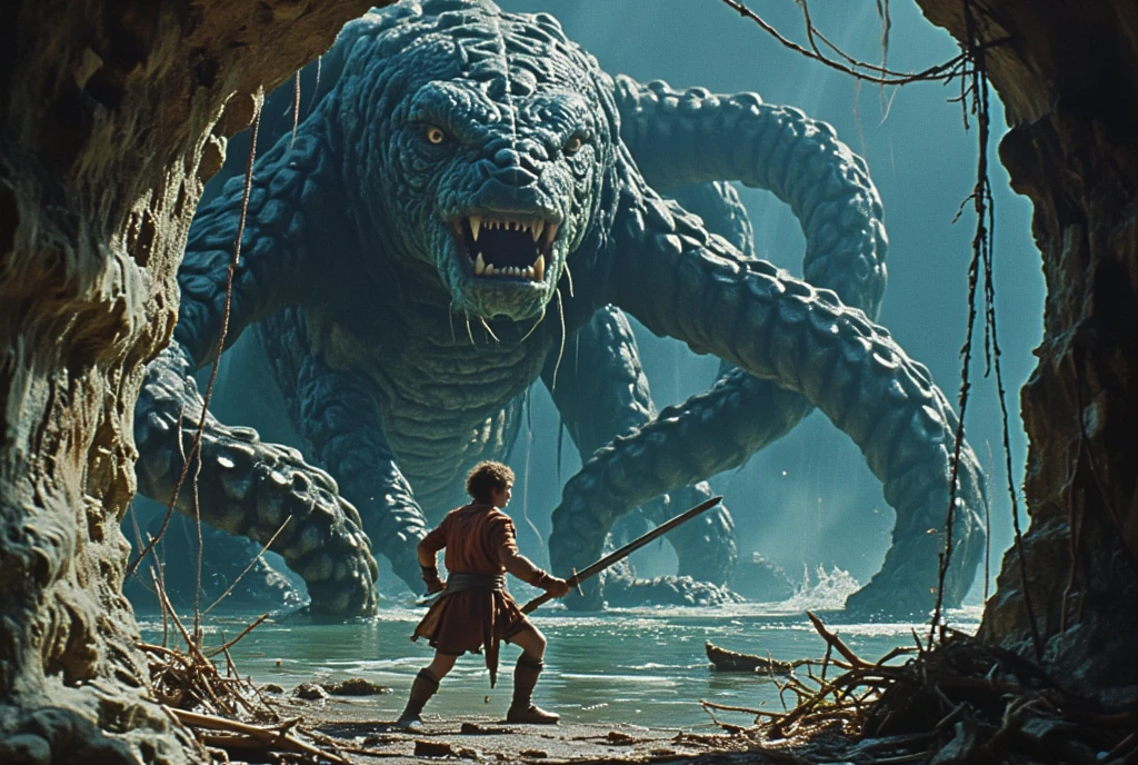 a young whaler with a harpoon in fighting stance with sword looking towards attacking a gigantic kraken, dark blue sea background, dominates lithographic cinematic painting, mixed media print showcasing advanced organic technology, clear engraved outlines on subtle bokeh background, warm morning rays with subtle shadows, subtle textured background . In the style of Frank Frazetta. 3D stone finishing, exquisite long strokes, volumetric, dramatic lighting intertwined with sandstone texture, print transfer technique, resin gloss texture, oil, resin, grainy textures enhancing tactile aesthetics, aerial perspective breaking through the darkness, mystical elements with spotlights on a rusty background. Textures highlighting details, bright colors enhance the mood of the work of art. In the style of Frank Frazetta.