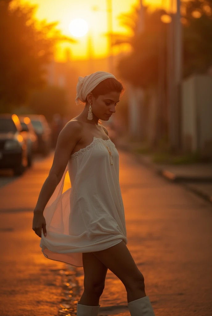 (photorealism:1.2), beautiful woman, black hair style, on a street, elegant dress with a white scarf on her head, a white peasant-style, dark and gloomy atmosphere, posing sideways and looking towards the ground, dress, realist, intricate details, warm color environment, Lifting up her dress and showing her beautiful legs, extremely bright sun in the background, pose sensual, posing like a top model, high boots and mini skirt,