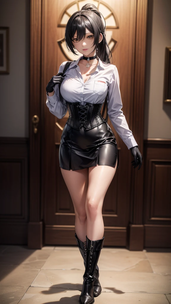 (Yaedef :1.4), 8K, highres,  ultra detailed , (masterpiece:1.4),  best quality, Sakuya Shirase, symmetrical body, sensual lips,   perfect breasts ,  big breasts,  slender legs , badass anime girl , bright clothes, beautiful, Alone, standing, pose sexy, dynamic view,  tender look,  long ponytail black hair,  detailed face ,  detailed eyes ,  amber yellow eyes,  choker :1.6, ( white collar shirt :1.4),  long black gloves , (black leather corset), (( short black skirt )),  black leather boots , elegant night room , darkness