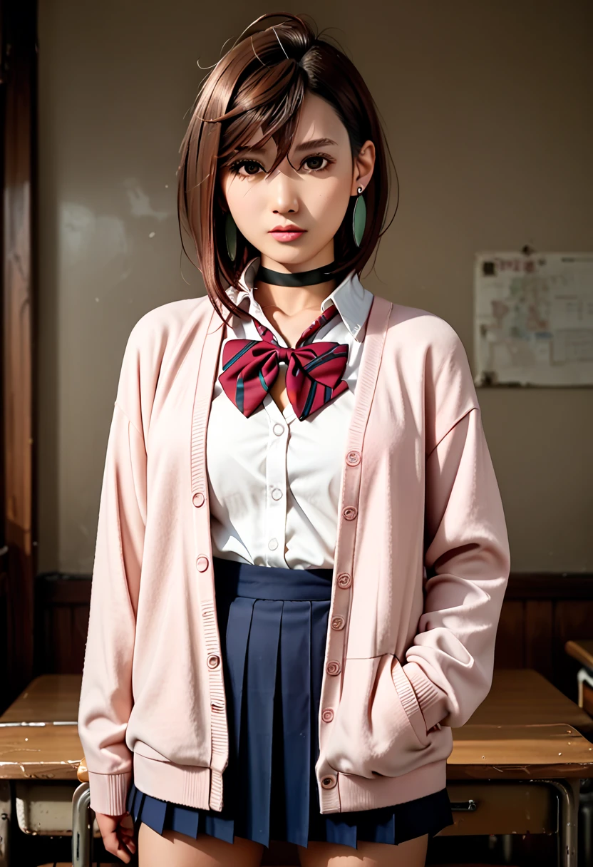 extremely high quality photo, Momo Ayase, sharp focus, realistic, source_photo, proper alignment, young Japanese model, glamorous, sexy, seductive, portrait, detailed face, medium hair, brown hair, brown eyes, large breasts, chocker, choker, red bowtie, (pink cardigan:1.2), long cardigan, long sleeves, blue skirt, pleated skirt, school uniform, short skirt, earrings, loose socks, white socks