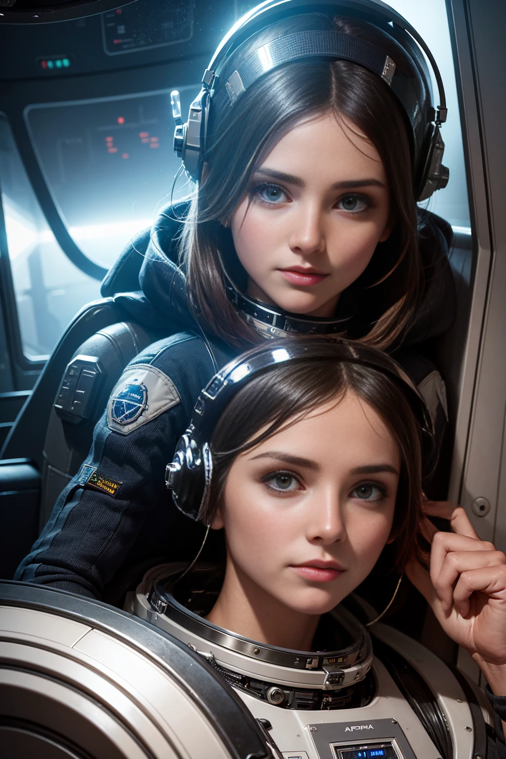 Future astronauts in space capsule, capacete de vidro，Beautiful face，control Panel, High-tech interior, Metal and glass materials, Atmospheric lighting, Dramatic composition, Intricate details, Reality, Concept art style, 1girl, Cameron Diaz