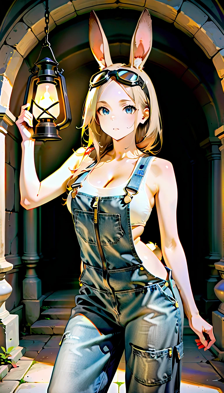 ((best quality)), ((masterpiece)), (detailed), perfect face, (best quality), (detailed skin:1.3), (intricate details), light brown hair, hair over shoulder, parted bangs, goggles on head, Art Deco, Gothic art, ray tracing, reflection light, Female Explorer, Cave exploration, holding lantern, overalls, Illuminate her steps with the light of a lantern, rabbit ears, rabbit tail