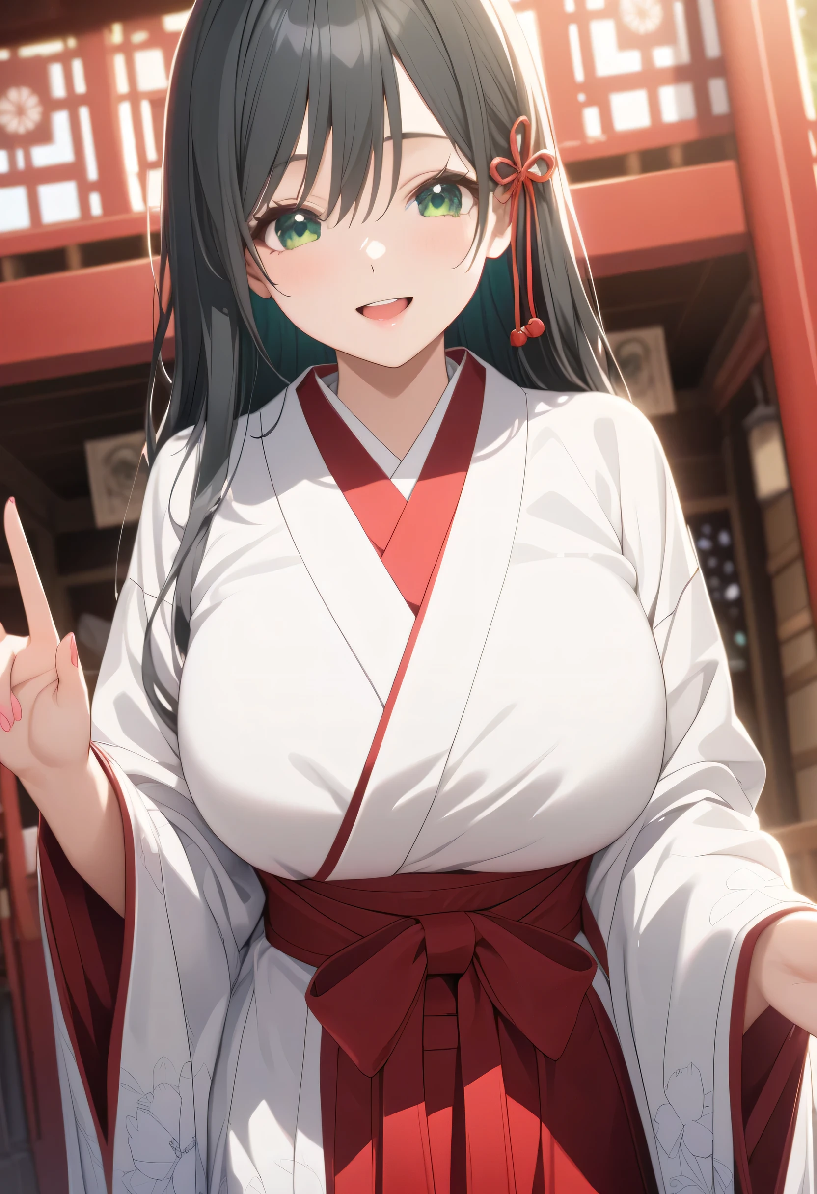 ((ultra-detailed)),   (highly detailed CG illustration),  (best quality:1.2),  ultra-highly detailed,  colorful composition, artistic photoshoot, score_9, score_8_up, 1girl, solo focus,  amagamiyae, black hair, green eyes, red ribbon, hair ribbon, japanese clothes, miko, hakama skirt, red hakama, white kimono, huge breasts, wide sleeves, looking at viewer, slight smile, standing by the Shrine precincts, Torii gate, portrait, depth of field, soft lighting, sidelighting, (shine), lighting, caustics, ray tracing, smile, perfect face, lustrous skin, highly  detailed face, highly detailed eyes, perfect face, perfect nose, perfect hair, perfect eyes, perfect anatomy, beautiful hair, beautiful small face, extremely detailed face, beautiful detailed eyes, beautiful clavicle, beautiful body, beautiful huge breasts, leavage, breasts squeezed together, equalize the size of the left and right breasts, beautiful thin thighs,  beautiful legs, beautiful fingers, 4 fingers, 1 thumb, lovely, (very detailed background:1.0), (highly detailed background:1.0), winter aesthetic, intricate details, joyful atmosphere, winter colors palette, chromatic aberration