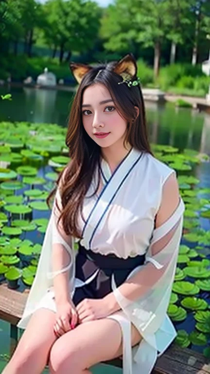 absurdres, highres, ultra detailed, (1girl:1.3), hand drawn, simple line,  girl in colorful Chinese Hanfu, sexy girl with fox ears, at the lotus pond, masterpiece, sitting in water, floating clothes, floating hair