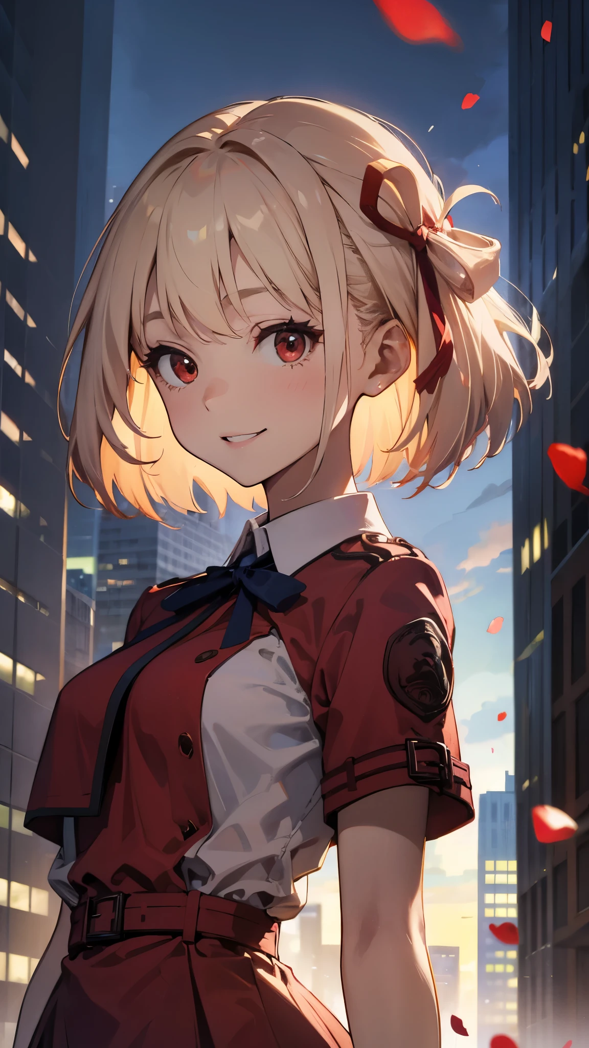 masterpiece、 top quality 、woman、platinum blond hair、 bob hair、bangs、 eyebrows visible through hair、 red eyes、 grins、 upper body closeup、Red Uniform、 dress shirt、 Y shirt、 dark blue tie ribbon 、 school uniform、 red skirt 、solo、blue sky、Petal-like 、 colorful 、 Dynamic、 city background with skyscrapers