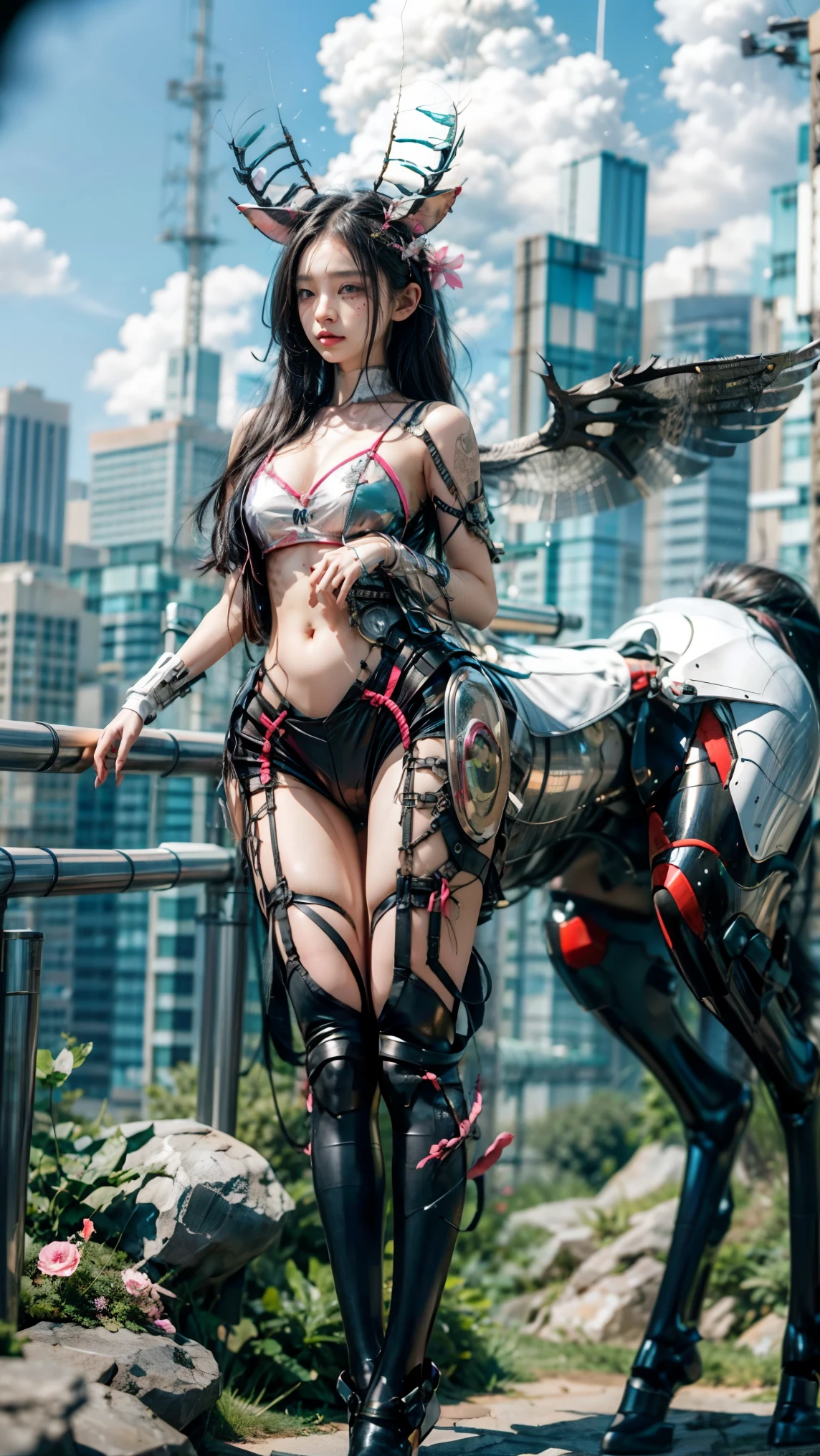 masterpiece,(bestquality),highlydetailed,ultra-detailed,1girl,(mechanicalwings:golden,glowingeyes:blue,silverarmor:1.2,elongatedears:0.8),(cyberpunkcity:1.5,weapon:energyblade),(fantasylandscape:1.2,natural lighting:1.5,confidentexpression),(panorama:1.2),mecha, smile,angle,Angels, wings,