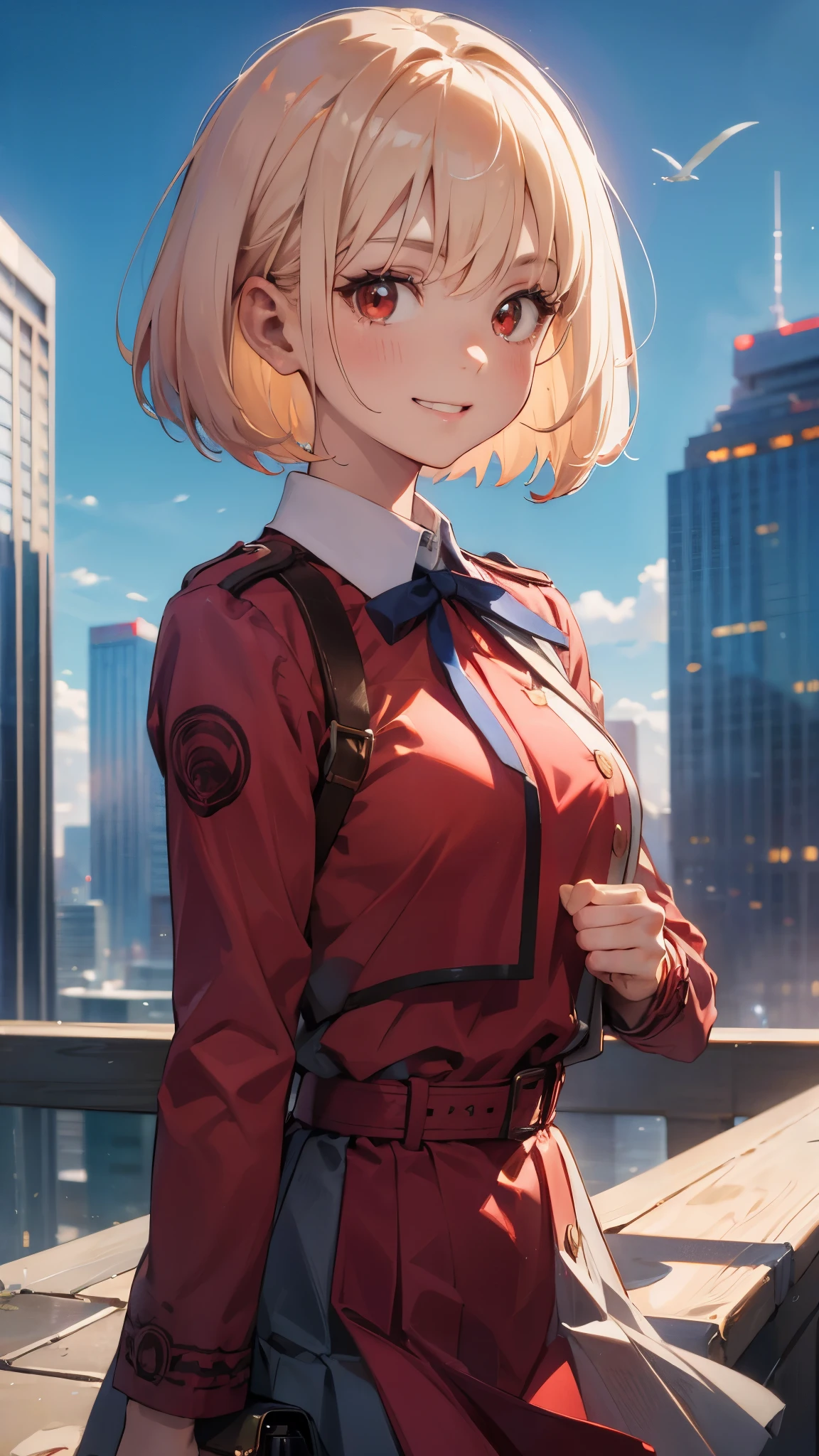 masterpiece、 top quality 、woman、platinum blond hair、 bob hair、bangs、 eyebrows visible through hair、 red eyes、 grins、 upper body closeup、Red Uniform、 dress shirt、 Y shirt、 dark blue tie ribbon 、 school uniform、 red skirt 、solo、blue sky、Petal-like 、 colorful 、 Dynamic、 city background with skyscrapers