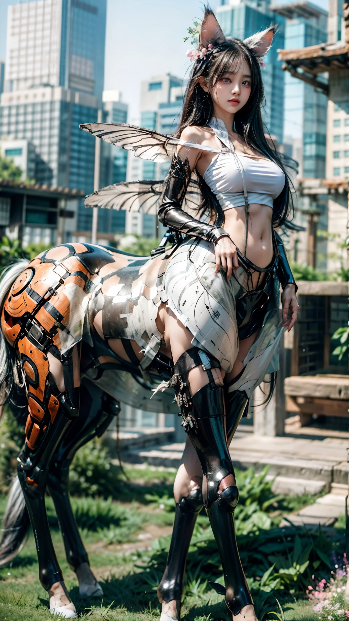 Female, half-centaur, half-horse, half-horse, half-horse, chimera,Female centaur,Female heroic moves,She is famous in the multiverse,She was known as Empress Centaur or Empress Yingzhao,There is also a diversity of people's understanding of her,Her image is somewhere between,Head, neck and shoulders,Transforms into a beautiful female human upper body,Female centaurs, half horses, half horses, and female centaurs undergo human feminization,Either understanding is based on powerful futuristic technologies。The ultra-wide-angle lens captures the beautiful and ethereal mechanical female, half-centaur, half-horse, half-horse, half-horse, half-horse, chimeric queen on the ionosphere, and the light wings spread out to make the jump。Her front half is a tall, sexy body with obvious feminine characteristics,The hind body is the back half of an anthropomorphic horse that interfaces the front half of the body at the back and waist position,The torso of her back body resembles a large female human stoop that connects the lumbar spine of the front and back from the sternum, and the ribcage in the shape of a dog style, waist, abdomen, and hips,Mechanize the anti-joints and feet in the shape of the hind leg horse's knee and personify these parts,Make the legs graceful and slender,She has four slender legs like a supermodel,Under the legs are the feet of humans wearing skyscraper heels,Use Midjourney's advanced stroke tools and color palettes, as well as texture packs, model packs, and texture tools,Concentration,Mechanize all her equine physiology organ parts and give the mechanized parts an ergonomic appearance,Handle the chest, abdomen and hip details,Add anthropomorphic mechanical elements to non-ergonomic parts,Give her a sexy human look of harmony and unity,Enhance the sense of future technology。Plated her mechanical wings with a glow unique to space,The halo crown on her head casts a neon light casting a rainbow,Let her be majestic,Use Midjourney's advanced stroke and texture