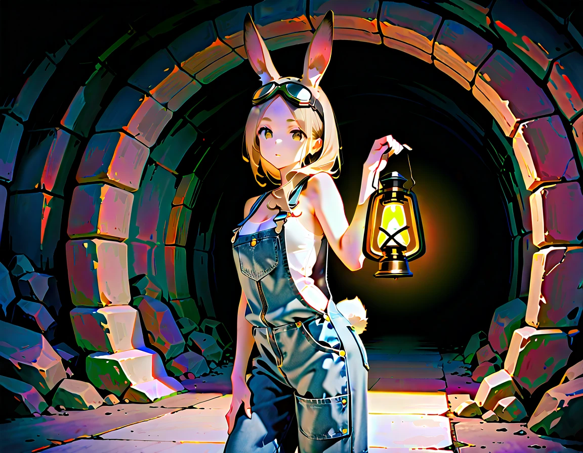 ((best quality)), ((masterpiece)), (detailed), perfect face, (best quality), (detailed skin:1.3), (intricate details), light brown hair, hair over shoulder, parted bangs, goggles on head, Art Deco, Gothic art, ray tracing, reflection light, Female Explorer, Cave exploration, holding lantern, overalls, Illuminate her steps with the light of a lantern, rabbit ears, rabbit tail