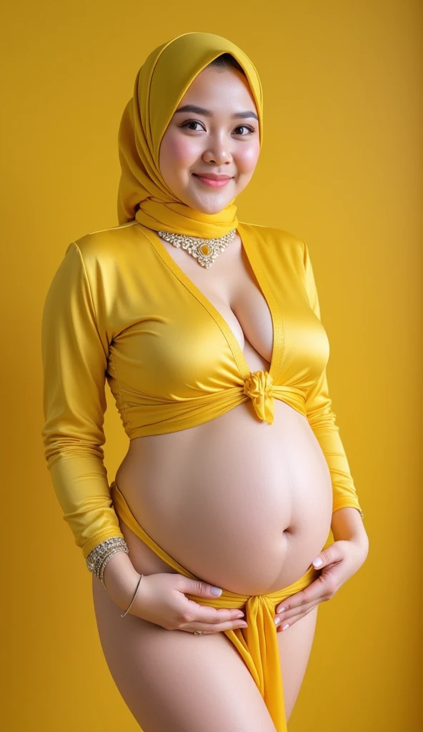 8K Portrait:1.1, realistic lighting, realistic lighting, Best quality, 8K, Masterpiece: 1.3, hyper realistic, (masterpiece, best quality:1.2), pretty young indonesian girl wearing yellow satin hijab, nude, glamour diamond necklace, indonesian hijab style, *****************, lolita teen face, very big breast, huge breast,white skin , close up, full naked body, ankle strap heels, she is heavily pregnant, sexy seductive standing pose in photo studio, solid background, naughty smile, hands rub belly, side view