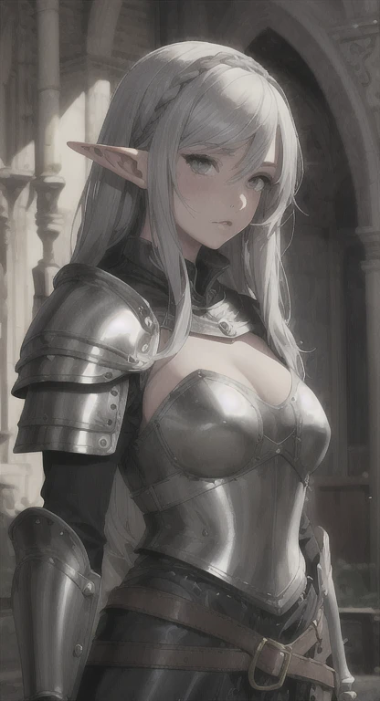 The first, Eldari goddess Kalindria, silver hair, red eyes, looking at viewer, ancient armor,
