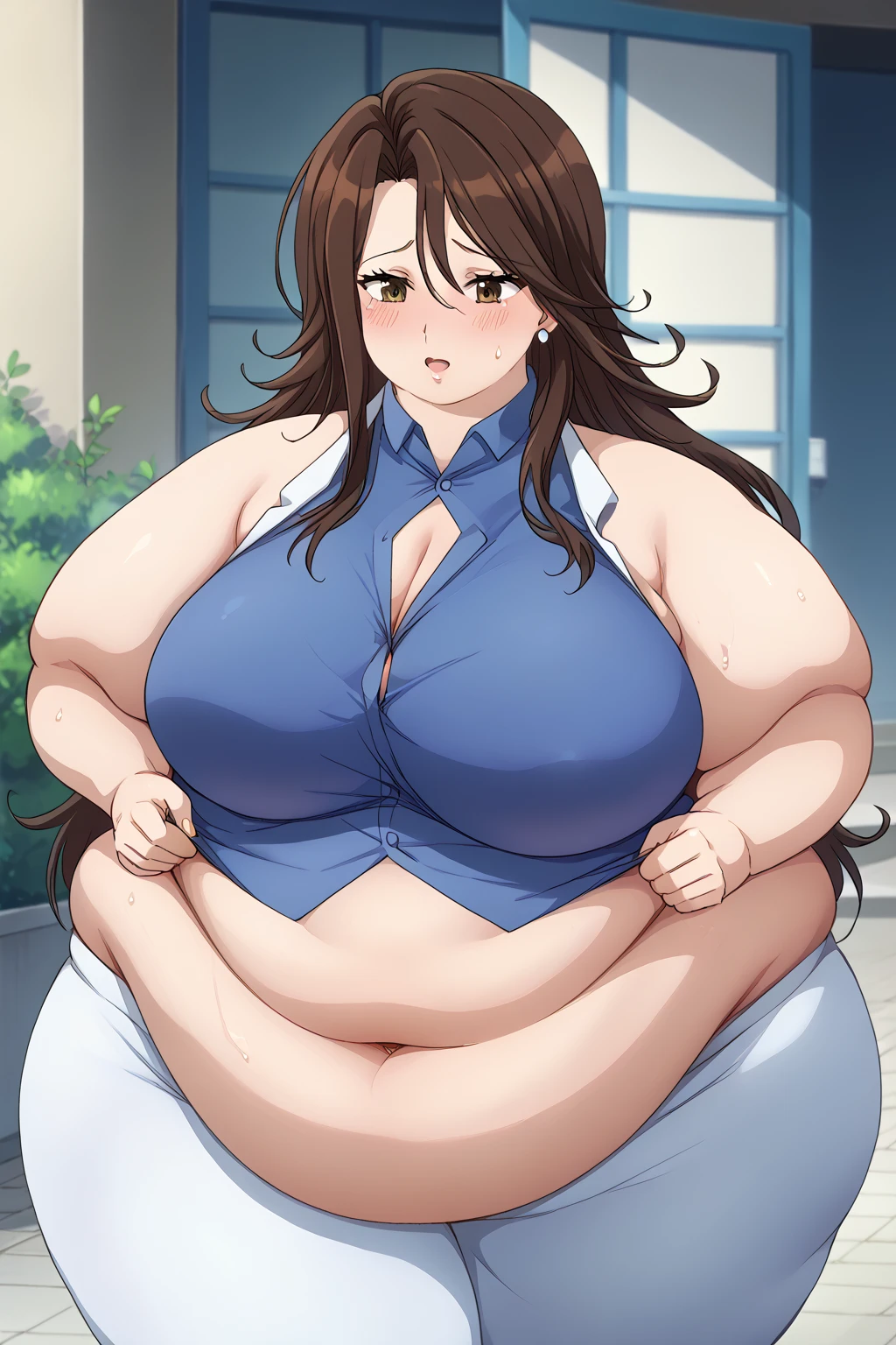  Sumeragi Lee Noriega ,  Sumeragi Lee Noriega ,blue shirt, sleeveless ,A shirt with a wide open neckline,White trousers,Exposed navel,Obese middle-aged woman, troubled expression, embarrassing expression ,milf, chubby,Outdoor, I'm sweating a lot, score_9,  score_8_ up、 score_7_ up、 score_6_ up、 score_5_ up、 score_4_ up、 masterpieces at the front door of the house、 top quality , A beautiful woman with an obese figure,  absurd、 Source_ anime anime screencap,  one woman、Alone、 personal  、 brown eyes、 brown hair 、 long hair、Super huge breasts,  super huge clevis、Super huge, Super huge boob,Curvy、 wide hips、