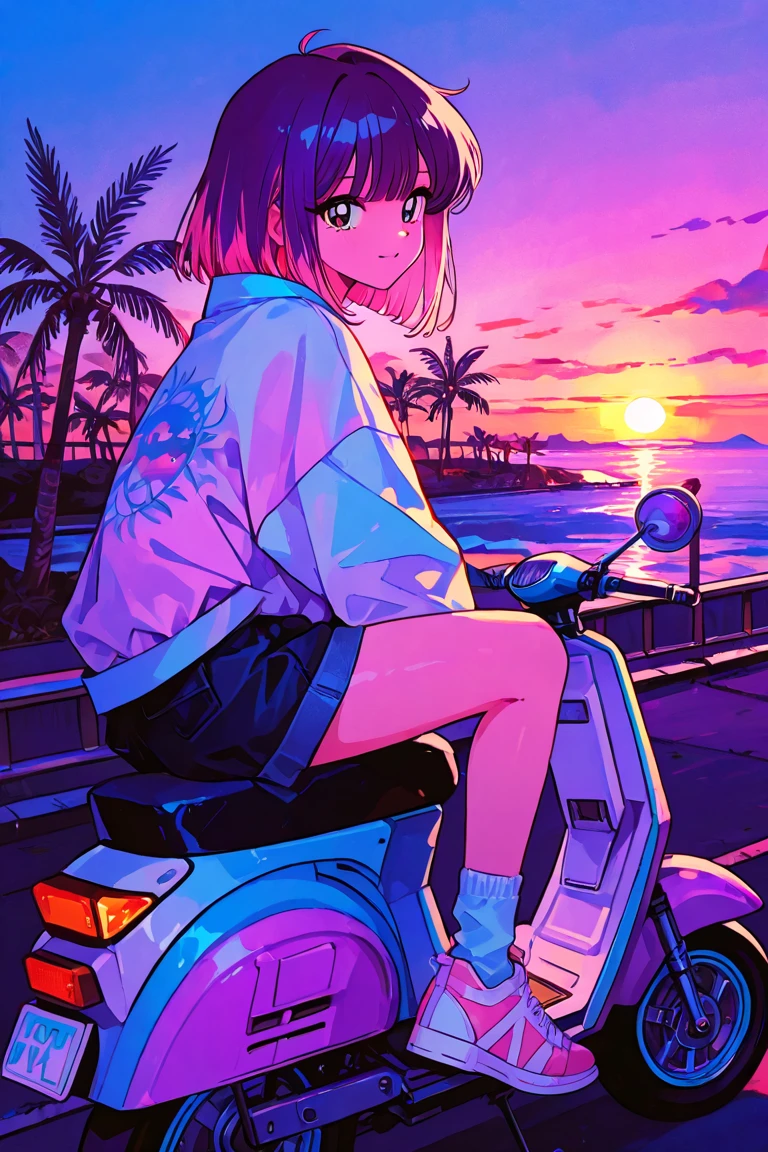  girl riding a scooter in casual fashion,Girl smiling mischievously on a street with palm trees , with a pink and blue sunset, style hybrid mix of Beeple, recusion Beeple, Beeple style, Retro wave vibe , Beeple art,  Spectacular Retrowave Art,  Miami Synthwave , Beeple!!, Beeple masterpiece, Beeple daily art,  90s city pop vibe on a street with palm trees